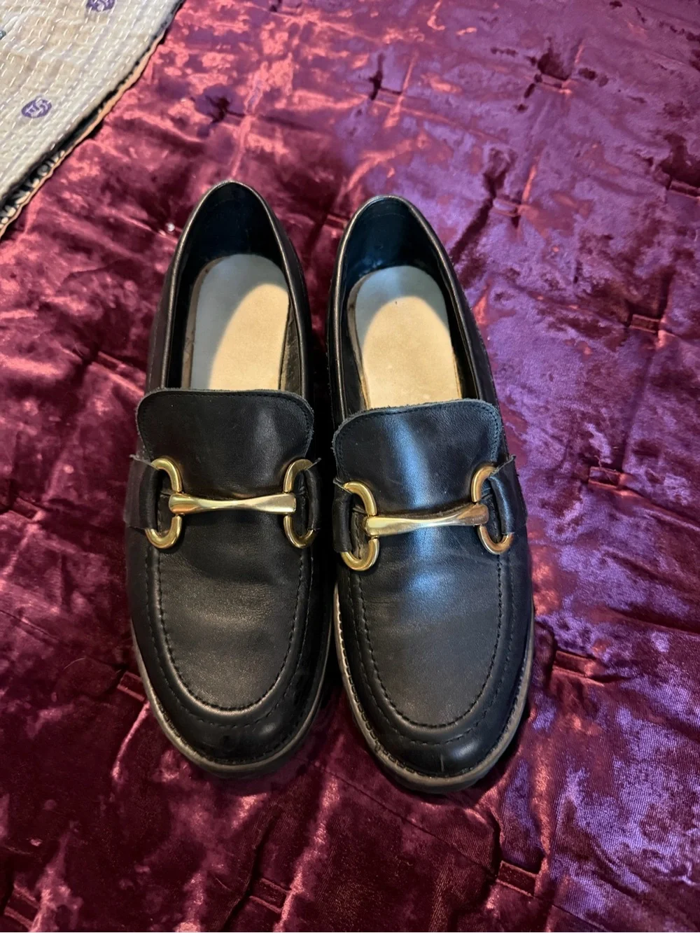 Steve Madden Black Leather Platform Loafers with Gold Bit Super Comfortable